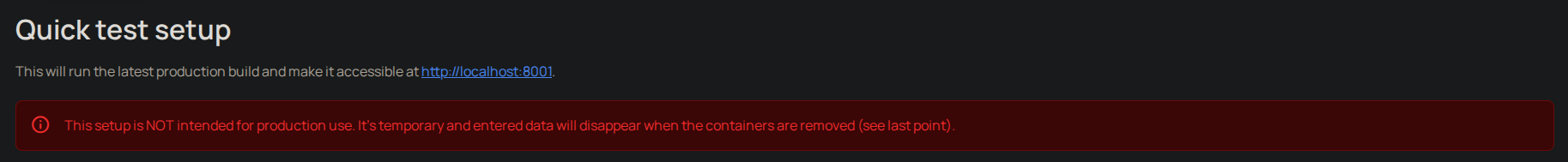 Warning from Kimai that the provided configuration should not be used for productive use.