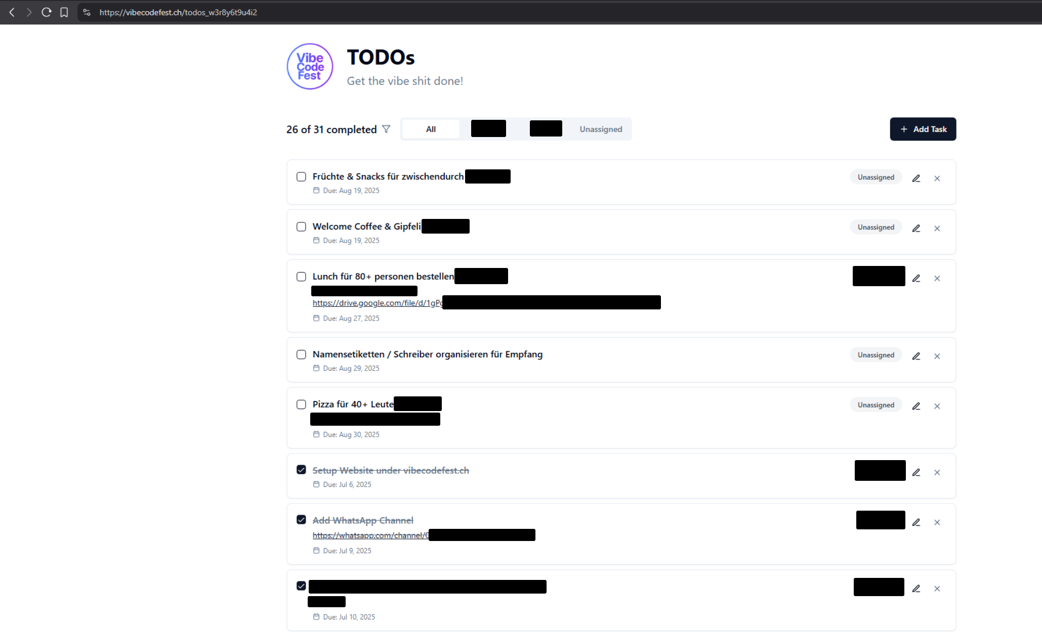 Screenshot of the TODO list with important info redacted.