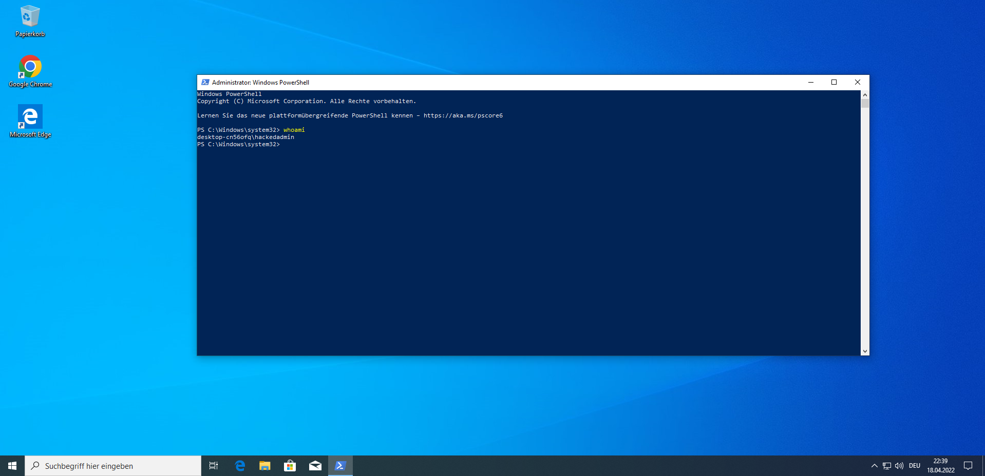 PowerShell opened as administrator from the hacked admin account.